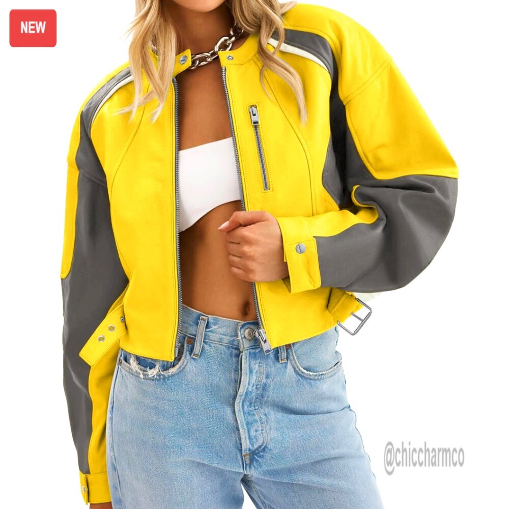 Faux Leather Cropped Bomber Jacket, Zip Up Moto Style, Recycled Material